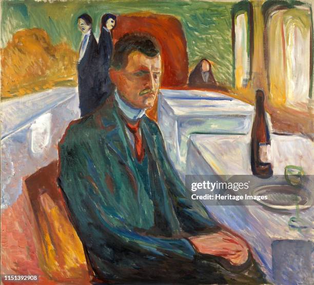 Self-Portrait with a Bottle of Wine. Found in the collection of Munch Museum, Oslo. Artist Munch, Edvard .