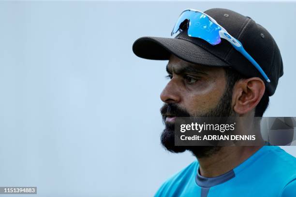 Pakistan's Mohammad Hafeez looks on during fielding practice at Lords Cricket Ground in London on June 22 ahead of Pakistan's next 2019 Cricket World...