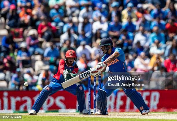 Kedar Jadhav of India batting during the Group Stage match of the ICC Cricket World Cup 2019 between India and Afghanistan at The Ageas Bowl on June...