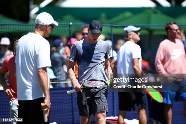 Kyle Edmund of Great Britain in action during a practice session during qualifying for the Nature Valley International at Devonshire Park on June 22,...