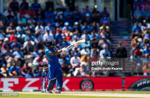 Kedar Jadhav of India hits a boundary during the Group Stage match of the ICC Cricket World Cup 2019 between India and Afghanistan at The Ageas Bowl...