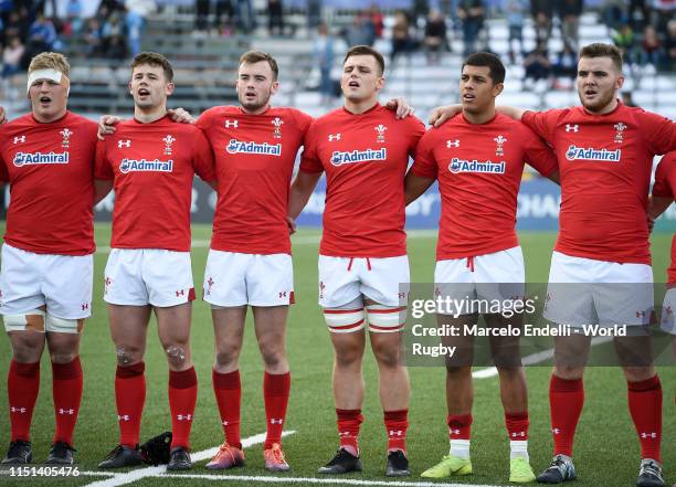 Players of Wales sing the national anthem before a Fifth place play-off match between England U20 and Wales U20 as part of World Rugby U20...