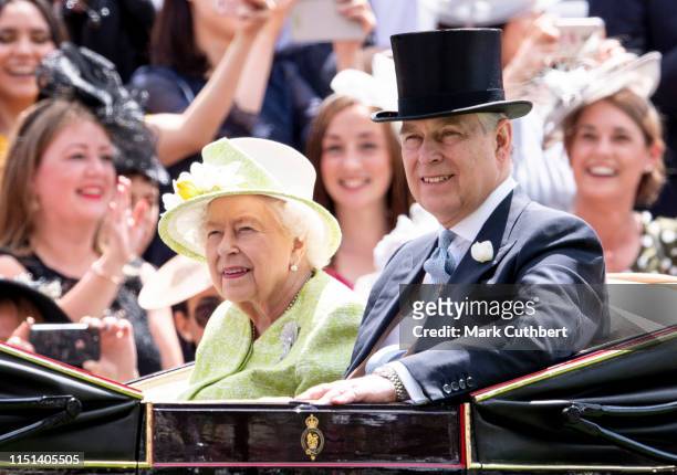 Queen Elizabeth II and Prince Andrew, Duke of York on day five of Royal Ascot at Ascot Racecourse on June 22, 2019 in Ascot, England.