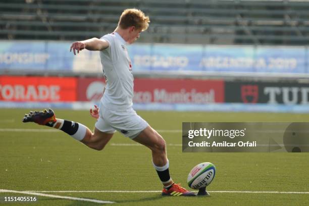 Josh Hodge of England U20 takes a penalty kick during a Fifth place play-off match between England U20 and Wales U20 as part of World Rugby U20...