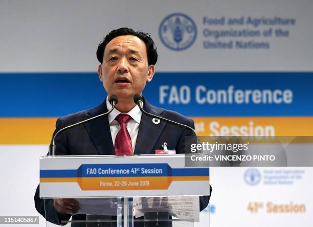 Chinese candidate to head the Food and Agriculture Organisation Qu Dongyu addresses FAO members and delegates during the plenary assembly for the...