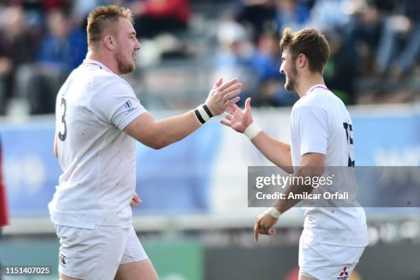 Joe Heyes of England U20 celebrates after scoring a try with Tom De Glanville of England U20 during a Fifth place play-off match between England U20...