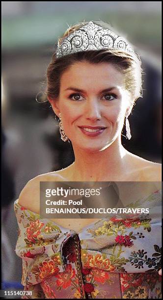 Photomontage: Royal wedding in Madrid: Which diadem for Letizia? in Madrid, Spain on May 14, 2004 - Diadem of pearls and diamonds by Cartier...