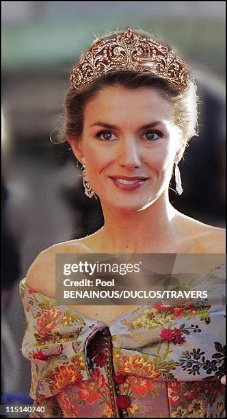 Photomontage: Royal wedding in Madrid: Which diadem for Letizia? in Madrid, Spain on May 14, 2004 - Diadem of diamond lys flowers belonging to Queen...