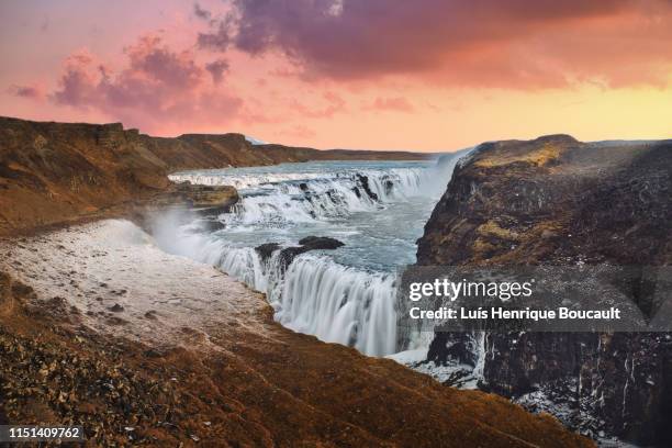 gullfoss & sunset - gullfoss falls stock-fotos und bilder