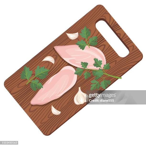 cutting board with chicken breasts and garlic - garlic chicken stock illustrations