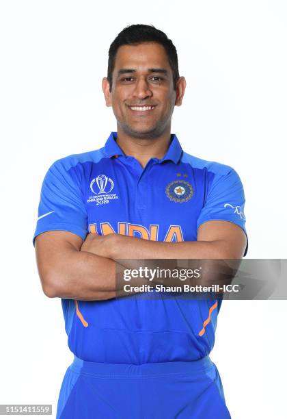 Dhoni of India poses for a portrait prior to the ICC Cricket World Cup 2019 at the Plaza Hotel on May 24, 2019 in London, England.