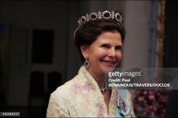Royals arriving at the dinner offered to Prince Frederik and Mary Donaldson for their wedding in Copenhagen, Denmark on May 14, 2004 - Queen Silvia.