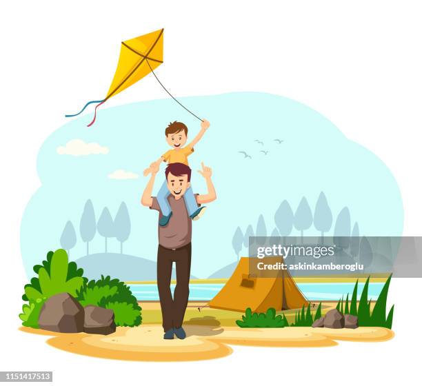 vater sohn und kitesurfhintergrund - familienvater stock-grafiken, -clipart, -cartoons und -symbole