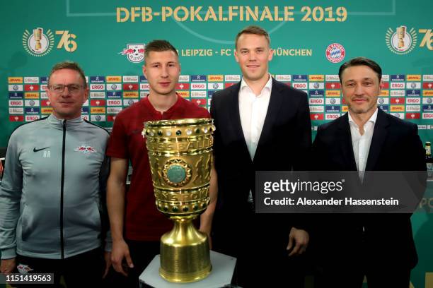 Ralf Rangnick, head coach of RB Leipzig, Willi Orban of RB Leipzig, Manuel Neuer of FC Bayern Muenchen and Niko Kovac, head coach of FC Bayern...