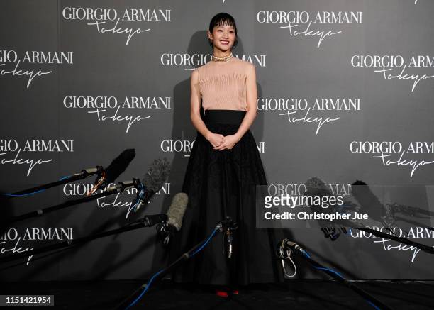Japanese actress Ayame Goriki is interviewed by the media at the Giorgio Armani 2020 Cruise Collection on May 24, 2019 in Tokyo, Japan.