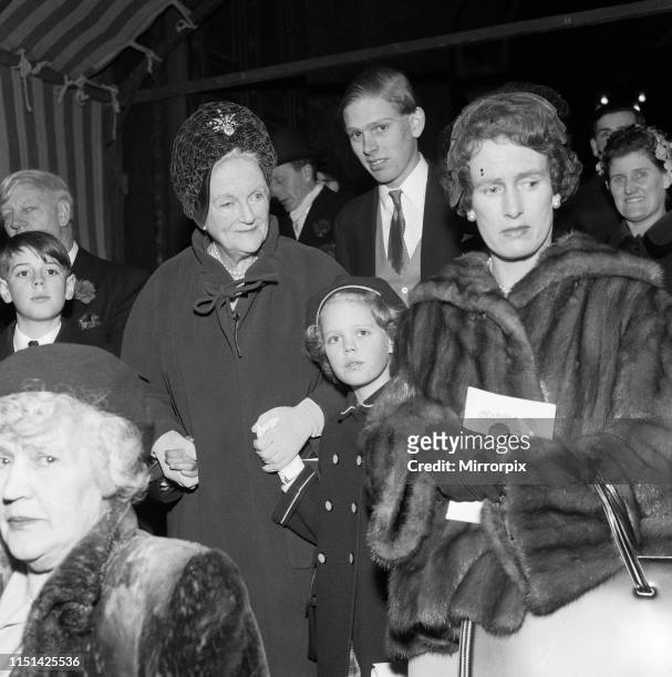 Lady Churchill and Emma Soames at the wedding of Richard Rhys and Lucy Rothenstein. 1959.