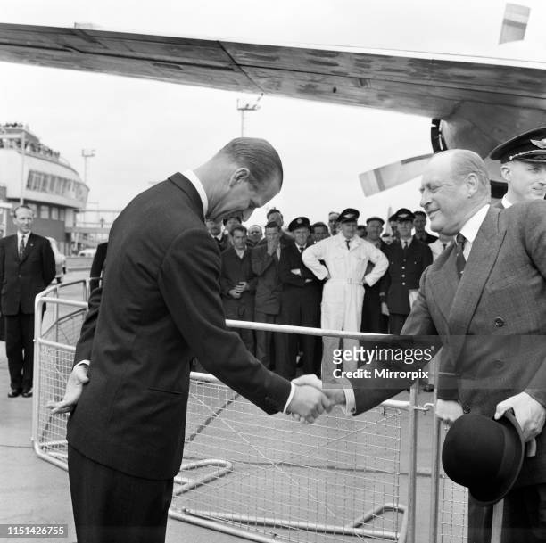 King Olav V of Norway arrived on SAS aircraft at London Airport on a private visit. He was met at he airport by the Duke of Edinburgh. 29th May 1959.
