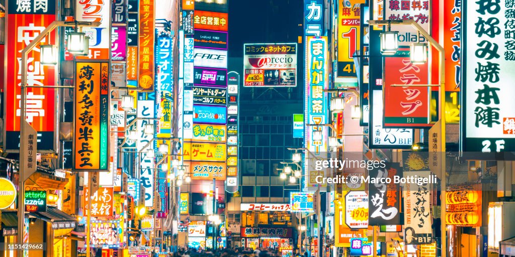 Illuminated neon signs in Shinjuku, Tokyo, Japan