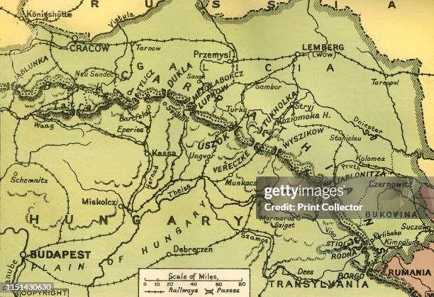 The Carpathian Passes', 1919. Map showing mountain passes in the Carpathians, a mountain range which stretches from present-day Czech Republic,...