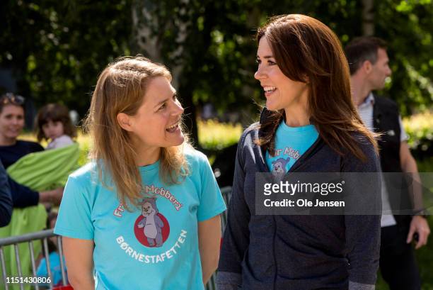Crown Princess Mary of Denmark arrive to a relay run for children held by The Mary Foundation and Save The Children on June 22, 2019 in Copenhagen,...
