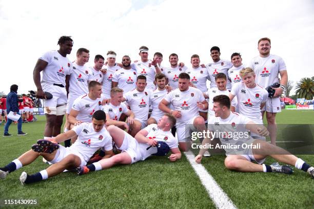 Players of England celebrate winning at the end of the Fifth place play-off match between England U20 and Wales U20 as part of World Rugby U20...