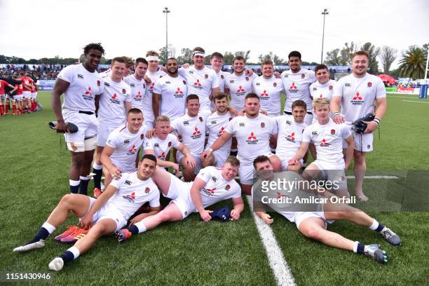 Players of England celebrate winning at the end of the Fifth place play-off match between England U20 and Wales U20 as part of World Rugby U20...