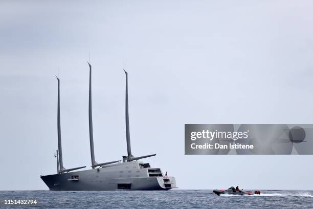 Sailing Yacht A owned by Andrey Melnichenko is seen in the harbour during previews ahead of the F1 Grand Prix of Monaco at Circuit de Monaco on May...