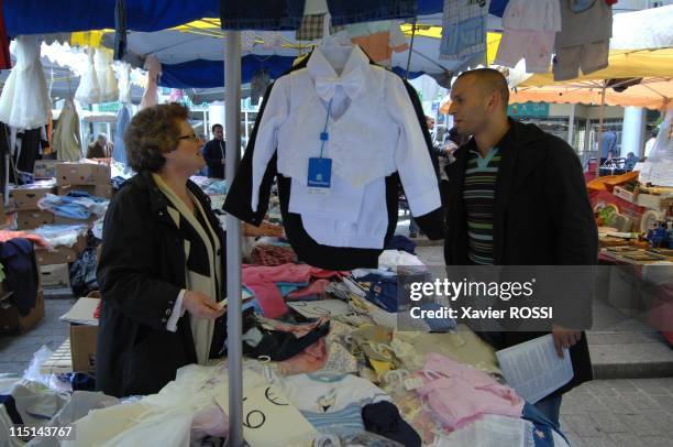 Djamel Bouras MoDem candidate with legislatives in Seine-Saint-Denis, France on May 30, 2007 - On the market of Saint Denis.