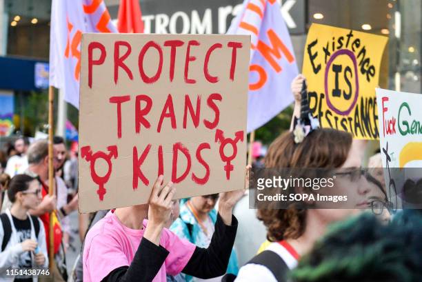 Placard saying, Protect the Trans kids, during the Trans march. Spectators displayed their support towards the transgender and non-binary people...