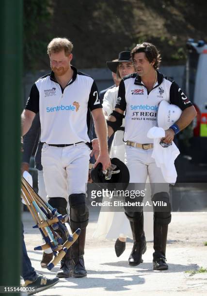 The Duke of Sussex Prince Harry and Nacho Figueras attend the 2019 Sentebale ISPS Handa Polo Cup at Roma Polo Club on May 24, 2019 in Rome, Italy....