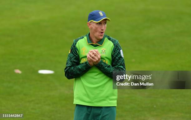 Chris Morris of South Africa reacts after taking a catch to dismiss Angelo Mathews of Sri Lanka during the ICC Cricket World Cup 2019 Warm Up match...