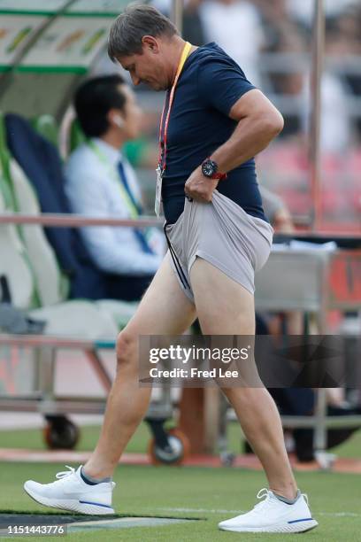 Head coach of Stojkovic of Guangzhou R&F reacts during 2019 China Super League between Beijing Guoan and Guangzhou R&F at Beijing Workers Stadium on...