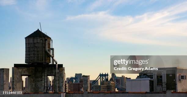 a water tank on the top of a building in new york city - water tower storage tank stock pictures, royalty-free photos & images