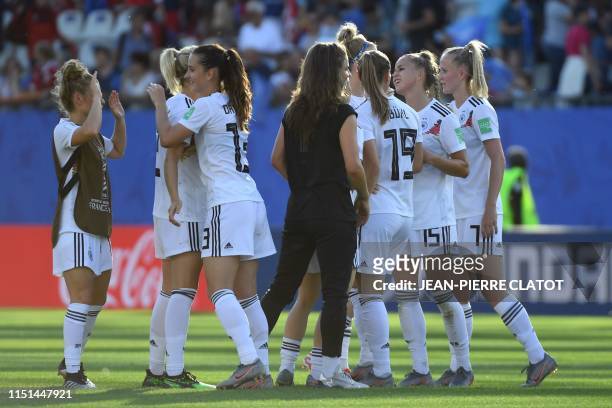 Germany's players celebrate at the end of the France 2019 Women's World Cup round of sixteen football match between Germany and Nigeria, on June 22...
