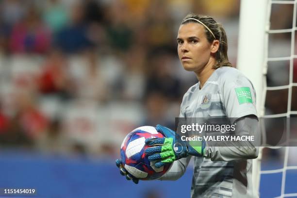 Australia's goalkeeper Lydia Williams holds the ball during the France 2019 Women's World Cup round of sixteen football match between Norway and...