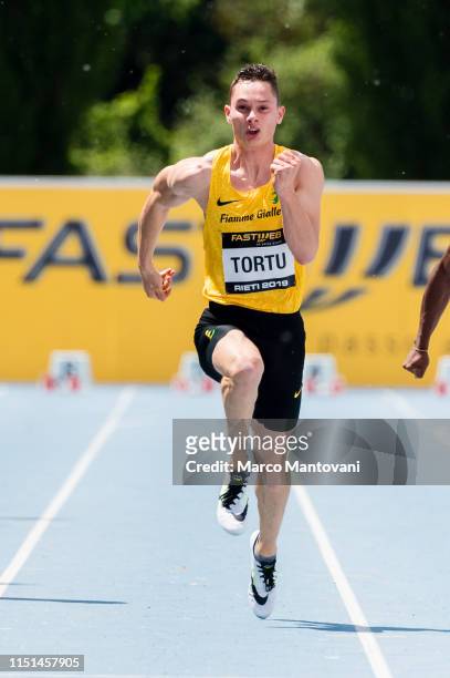 Filippo Tortu competes in the men's 100m heat race during the Riunione Italiana di Velocità athletic meeting in Rieti, Italy.