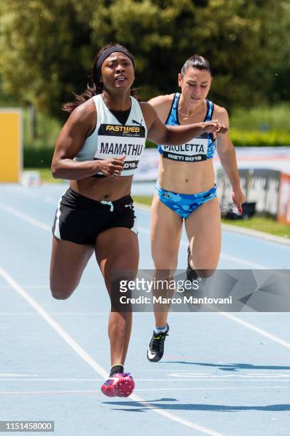 Tebogo Mamathu competes in the women's 100m heat race during the Riunione Italiana di Velocità athletic meeting in Rieti, Italy.