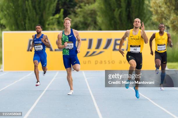 Andrew Howe, Luka Janezic and Davide Re compete in the men's 400m final race during the Riunione Italiana di Velocità athletic meeting in Rieti,...