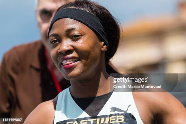 Tebogo Mamathu giggles after winning the women's 100m heat race during the Riunione Italiana di Velocità athletic meeting in Rieti, Italy.