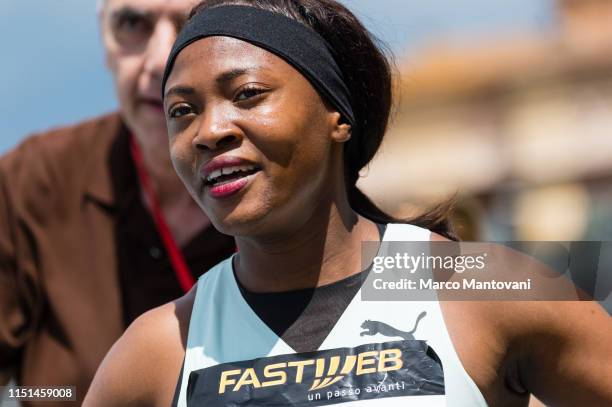 Tebogo Mamathu giggles after winning the women's 100m heat race during the Riunione Italiana di Velocità athletic meeting in Rieti, Italy.