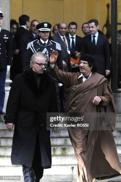 French president Nicolas Sarkozy welcomes Libyan leader Moamer Kadhafi at the French Elysee Palace in Paris, France on December 10, 2007 - French...