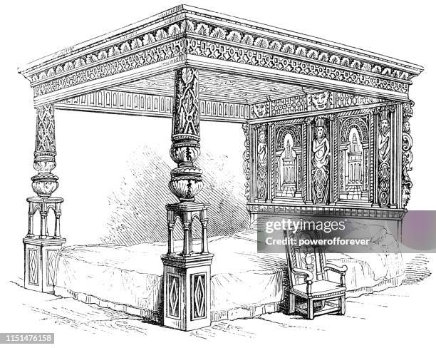 ilustraciones, imágenes clip art, dibujos animados e iconos de stock de el gran lecho de ware-siglo 16 - cama de columnas