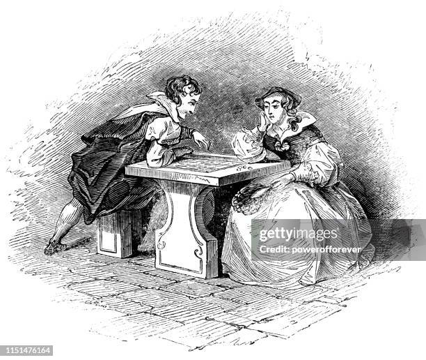 two people playing draughts - 16th century - checkers game stock illustrations