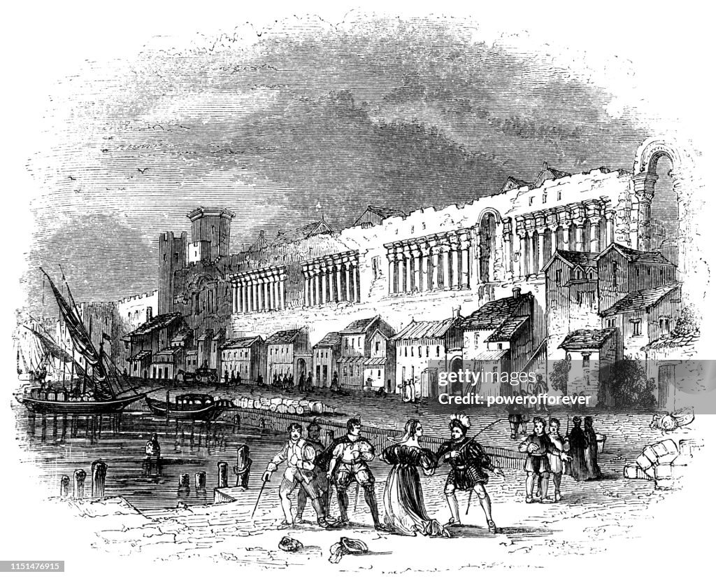 Olivia Breaks Up a Fight Between Sebastian and Her Uncle at Ragusa, Illyria - Works of William Shakespeare