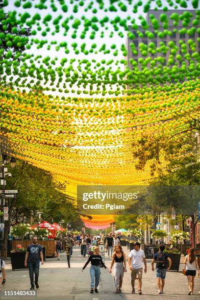 people walk along montreal gay village in summer - montreal street stock pictures, royalty-free photos & images