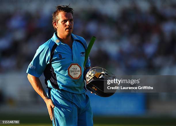 Wes Durston of Derbyshire walks to the pavilion after being stumped by Chris Read of Nottinghamshire during the Friends Life T20 match betwwen...