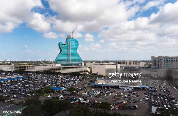 An aerial view from a drone shows the guitar-shaped 400-foot-tall Hard Rock Hotel is seen as it is under construction on May 24, 2019 in Hollywood,...