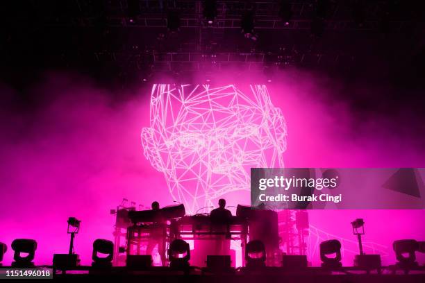 Ed Simons and Tom Rowlands of The Chemical Brothers perform during the All Points East Festival at Victoria Park on May 24, 2019 in London, England.