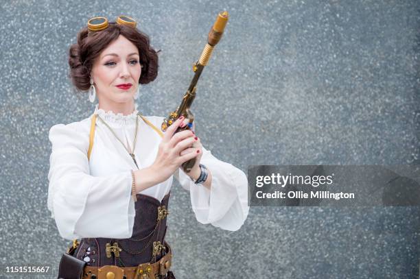 Cosplayer in character as a Star Wars steampunk Princess Leia during Day 1 of London MCM Comic Con 2019 at ExCel on May 24, 2019 in London, England.