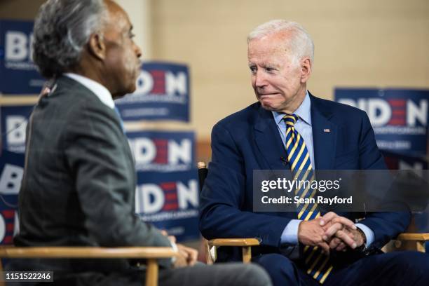 Democratic presidential candidate, former Vice President Joe Biden looks to his supporters after a television interview with Al Sharpton during the...